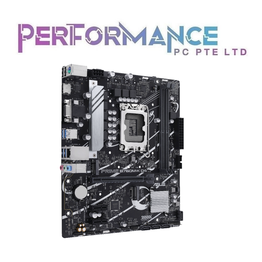 ASUS Prime B760M-K D4, an Intel® B760 LGA 1700 mATX motherboard with PCIe 4.0, two PCIe 4.0 M.2 slots, DDR4, Realtek 2.5Gb Ethernet, VGA, HDMI®, SATA 6 Gbps, front USB 3.2 Gen 1, Aura Sync (3 YEARS WARRANTY BY AVERTEK ENTERPRISES PTE LTD)