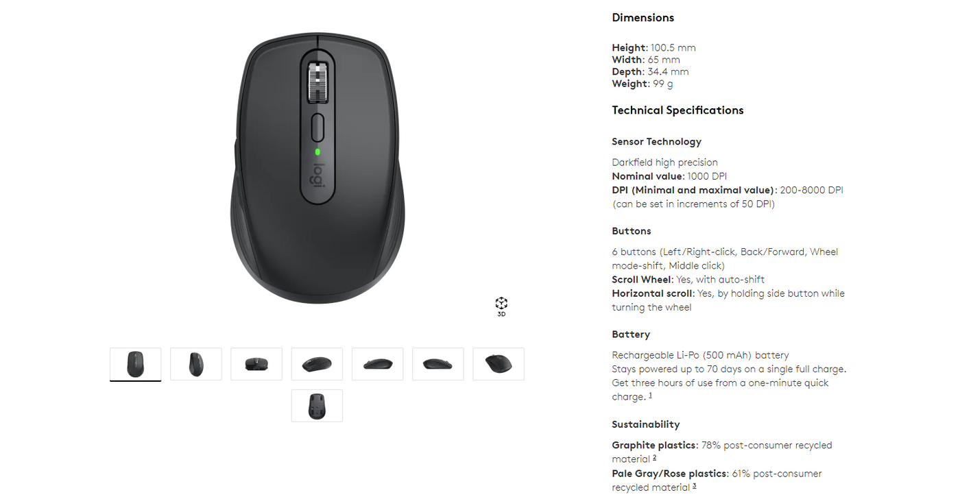 LOGITECH MX ANYWHERE 3S  MOUSE With 8000 DPI Compatibility Windows, macOS, iPadOS, ChromeOS, Linux - Graphite (2 YEARS WEARRANTY BY BAN LEONG TECHNOLOGY PTE LTD)