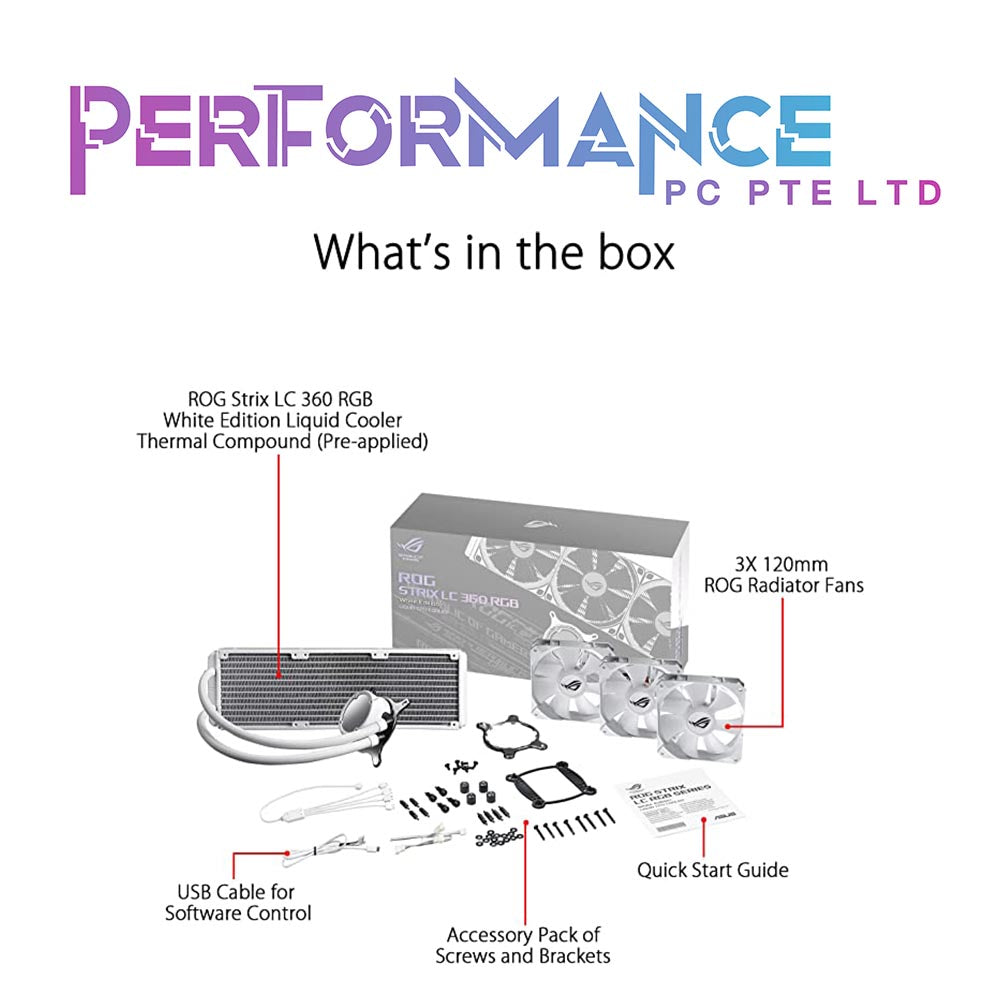 ASUS ROG Strix LC 360 RGB White Edition all-in-one liquid CPU cooler with Aura Sync RGB, and triple ROG 120mm addressable RGB radiator fans (5 YEARS WARRANTY BY BAN LEONG TECHNOLOGIES PTE LTD)