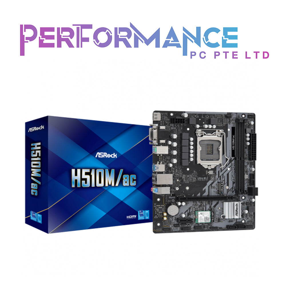 ASRock H510M/AC Motherboard Supports DDR4 3200MHz (OC) 1 x PCIe 4.0 x16, 1 x PCIe 3.0 x14 SATA3, 1 x Ultra M.2 (PCIe Gen3 x4 & SATA3) 4 x USB 3.2 Gen1 (2 x Rear, 2 x Front)4 x USB 2.0 (2 x Rear, 2 x Front)( 3 YEARS WARRANTY BY TECH DYNAMIC PTE LTD)